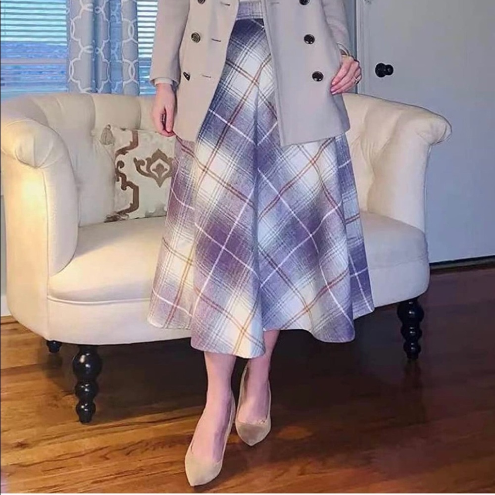 Womens High Elastic Waist Maxi Skirt A-line Plaid Winter Warm Flare Long Skirts